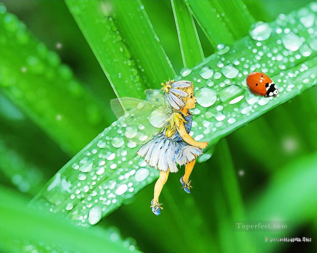妖精ウォッチング てんとう虫の妖精 オリジナル油絵